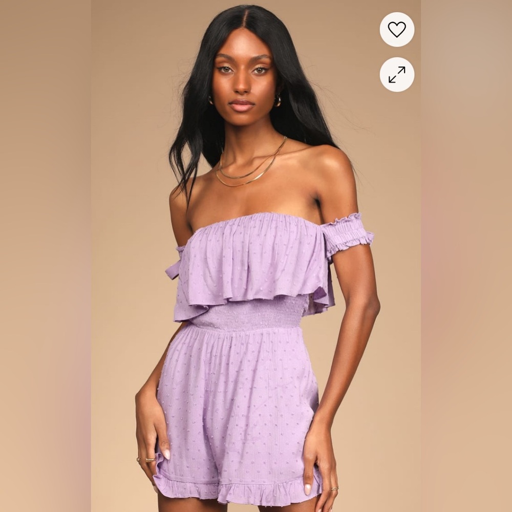 Lulu’s Be a Sweetie LILAC Swiss Dot Off-the-Shoulder Romper SMALL